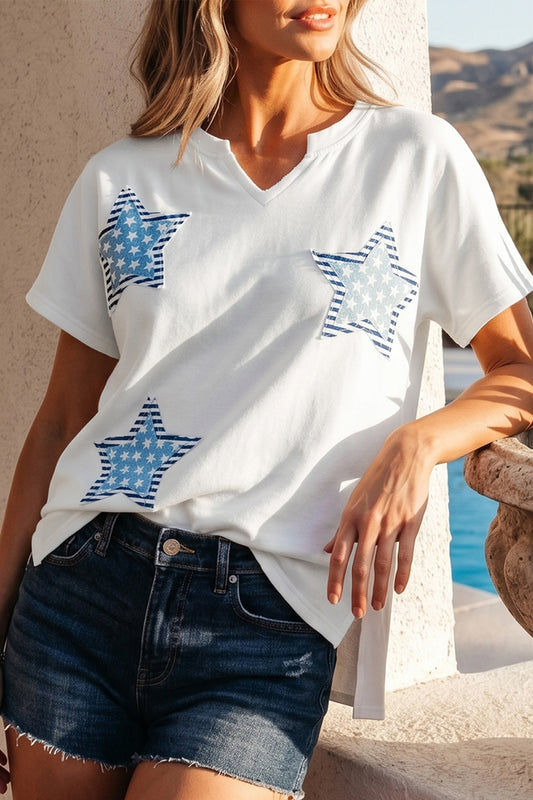White Patriot Star Patched Notched Neck Mineral Washed Tee