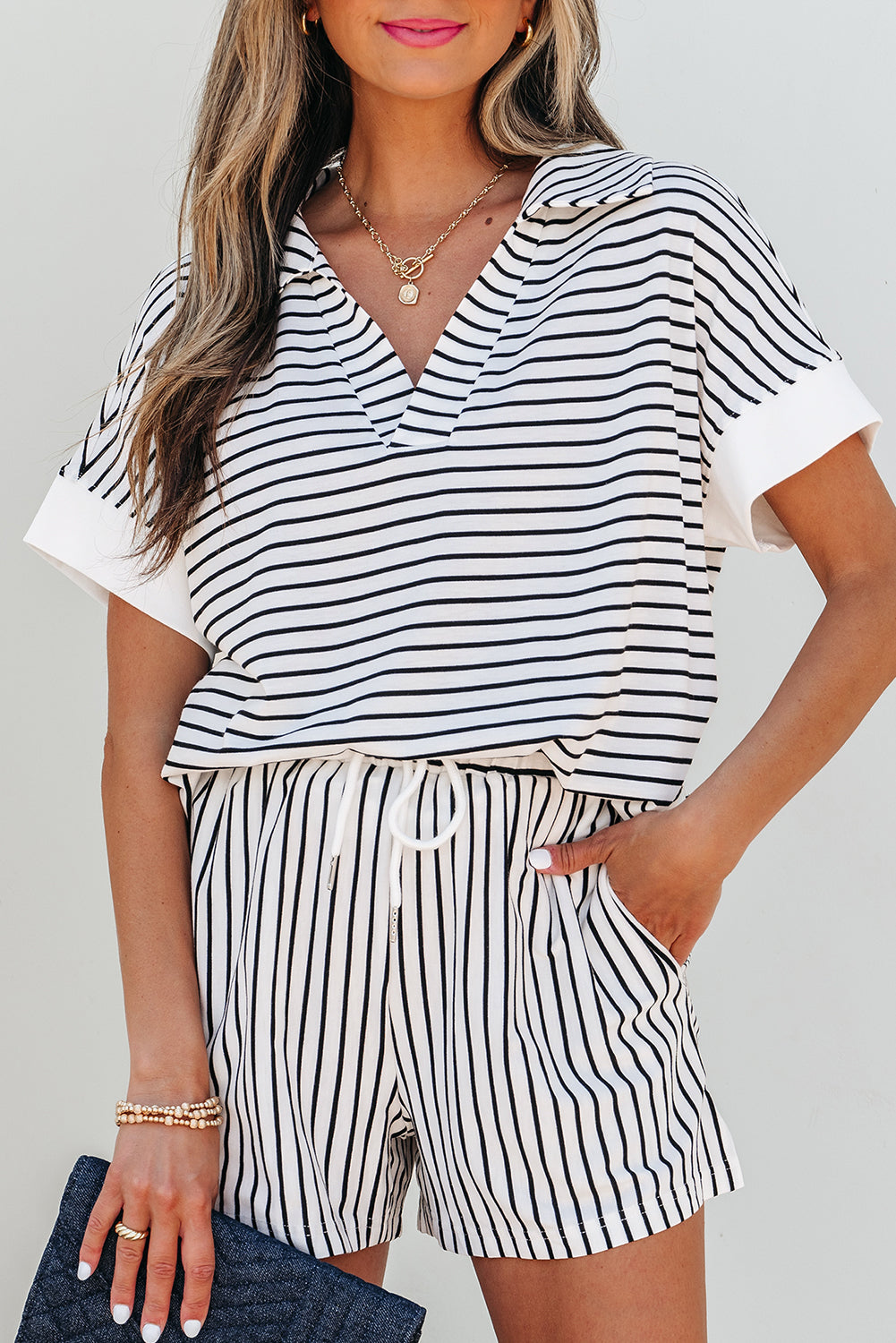 Black Stripe V-Neck Tee & Shorts Set