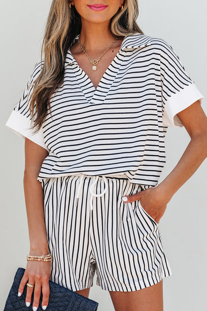Black Stripe V-Neck Tee & Shorts Set