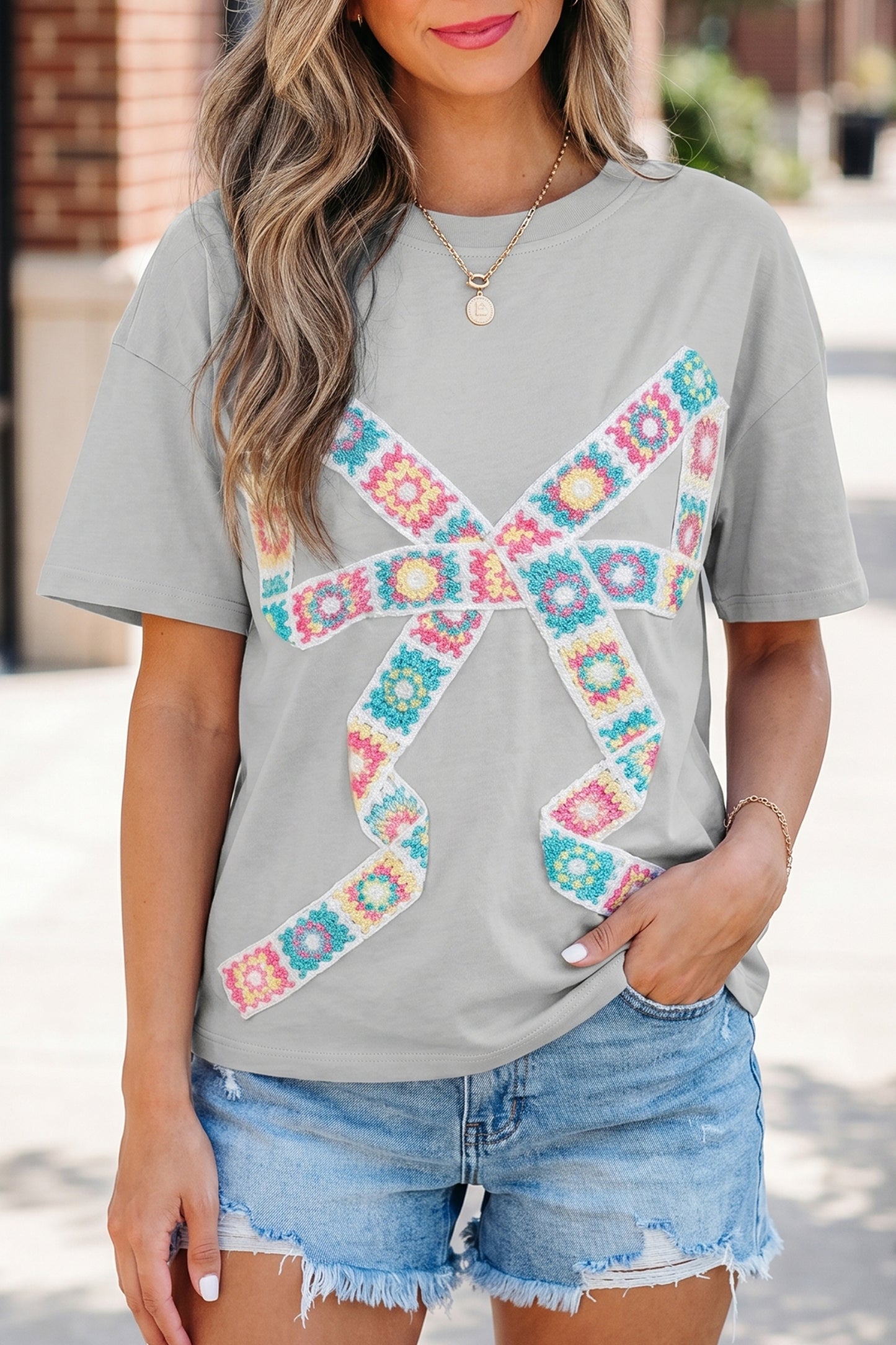Light Gray Floral Bow-Patch T-Shirt