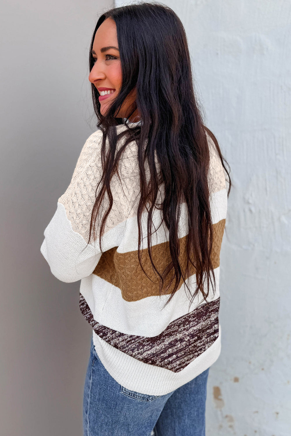 Green Mixed-Knit Color-Block Sweater