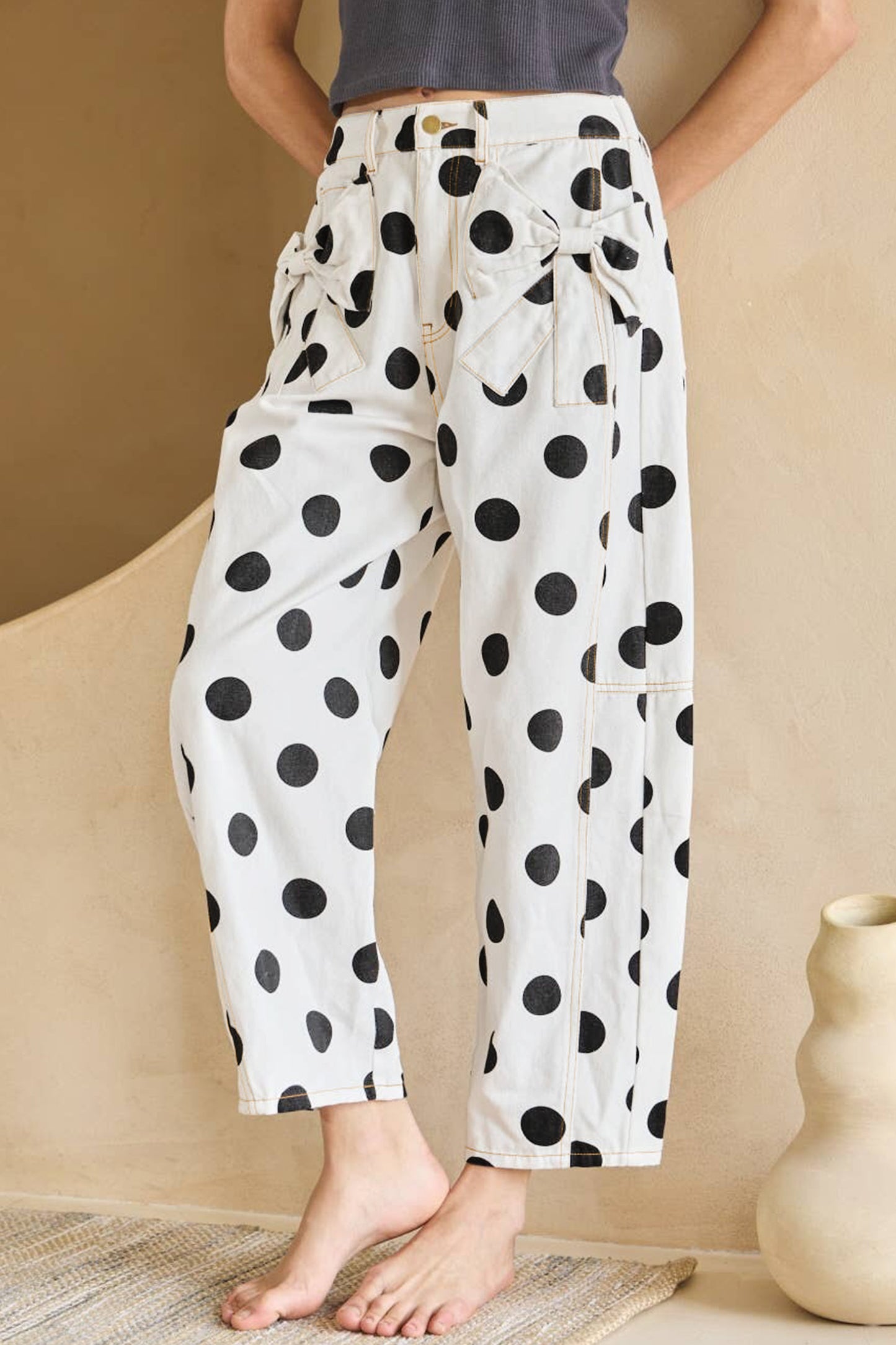 White Polka Dot Print Bow Detail Pocketed Barrel Jeans