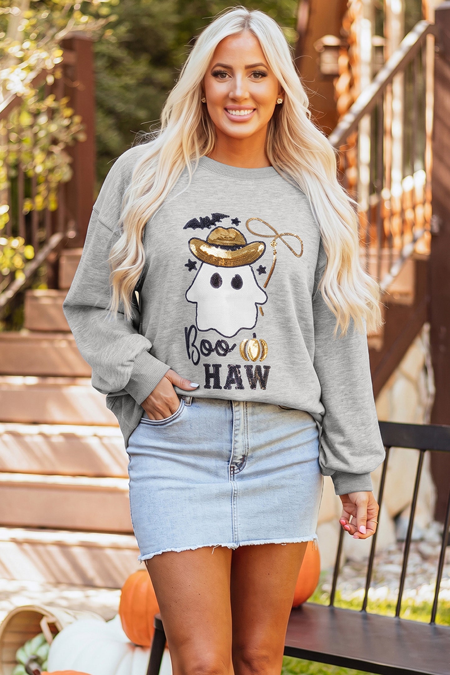 Gray Sequin Ghost Graphic Sweatshirt