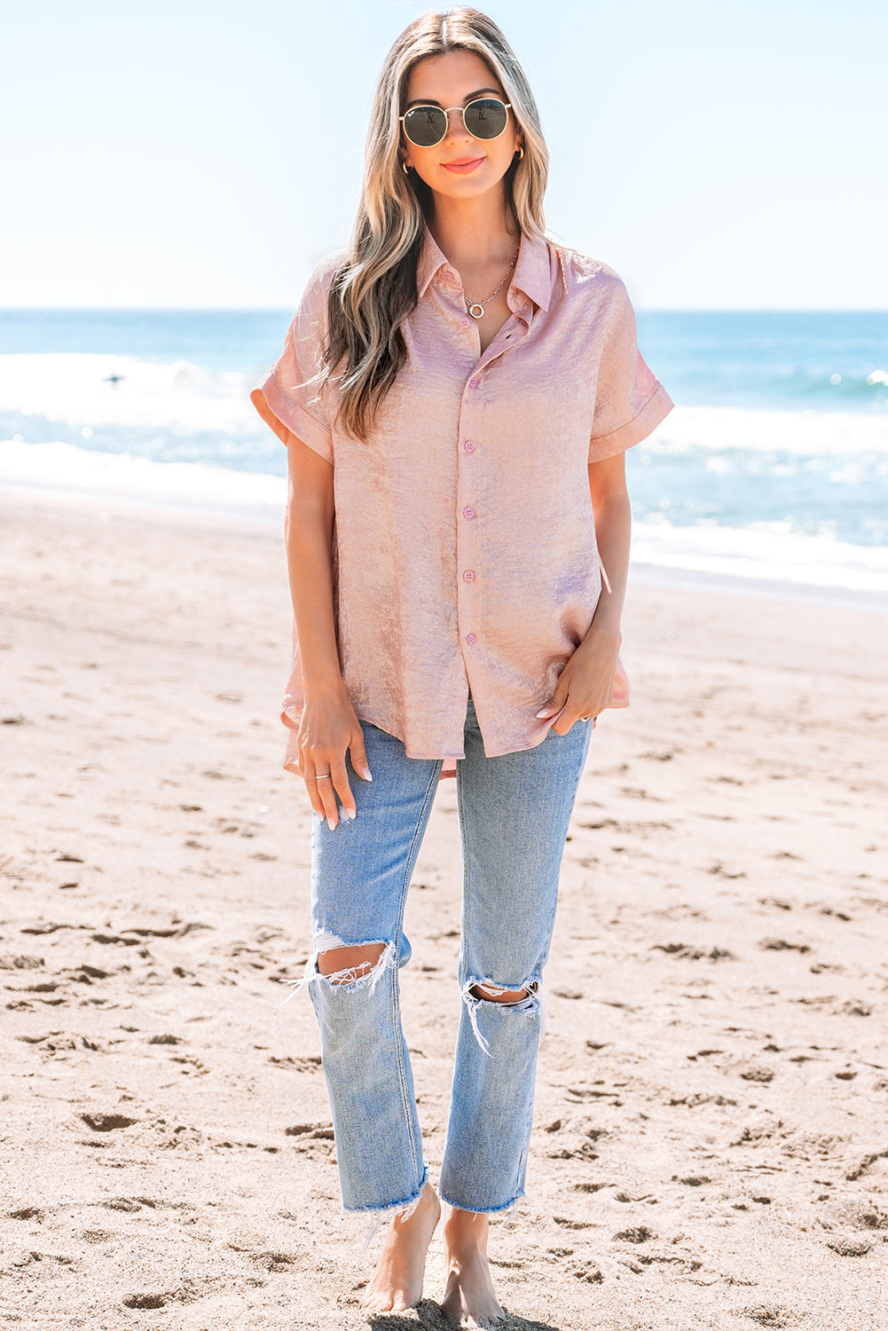 Pink Metallic Button-Up Short-Sleeve Shirt