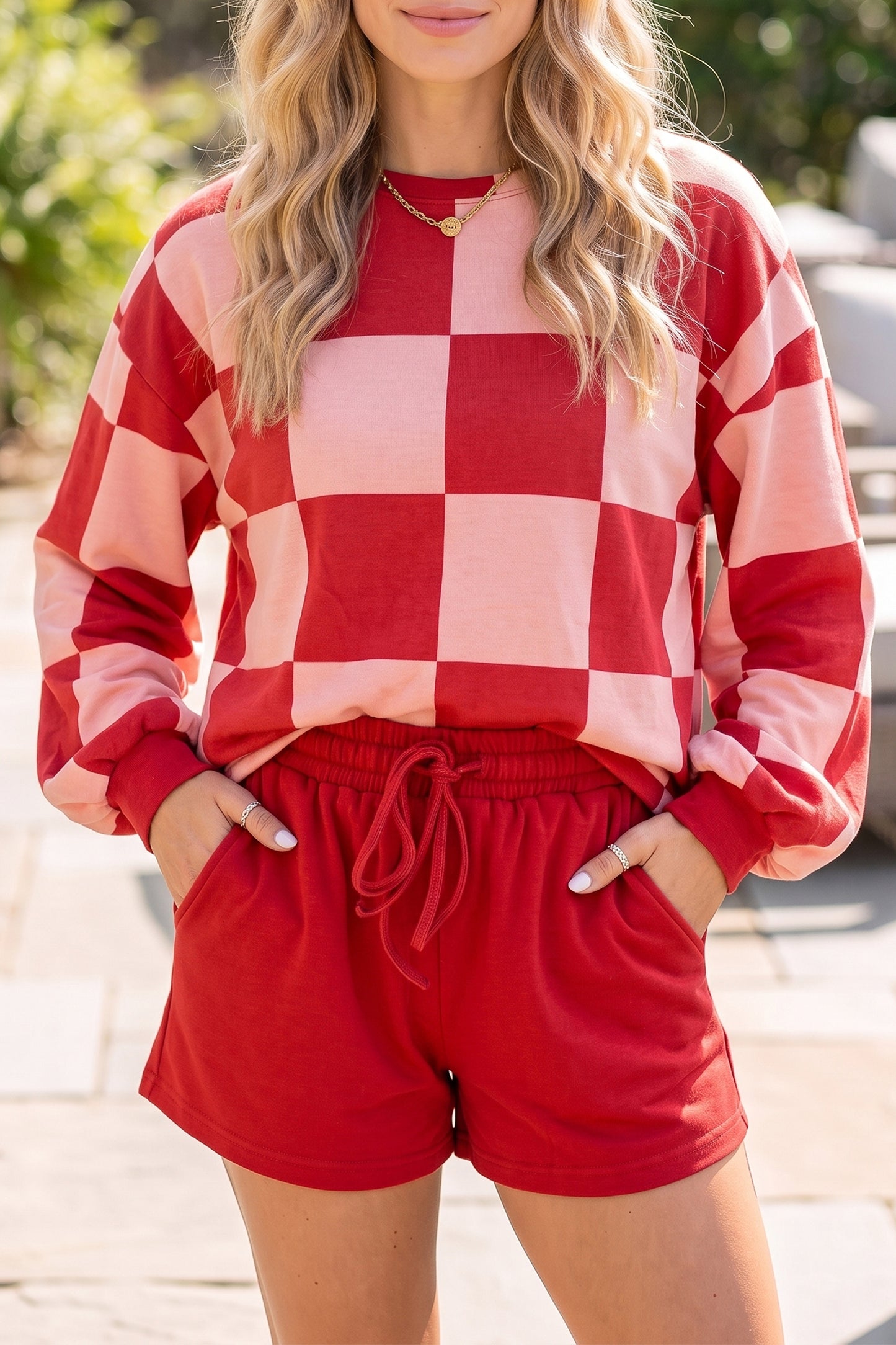 Khaki Checkerboard Plaid Long-Sleeve Solid Shorts Two-Piece Set