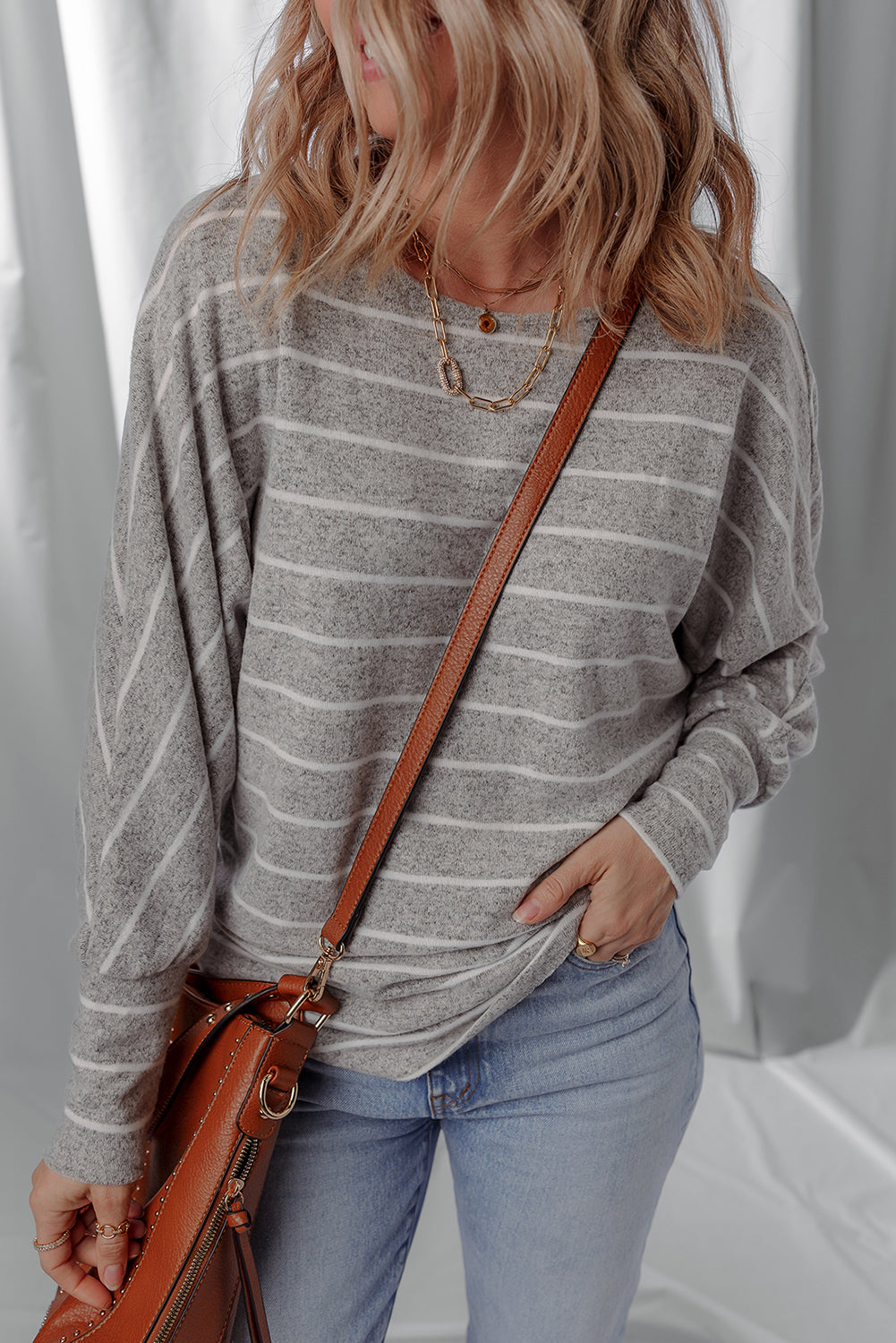 Gray Stripe Dolman-Sleeve Knit Top