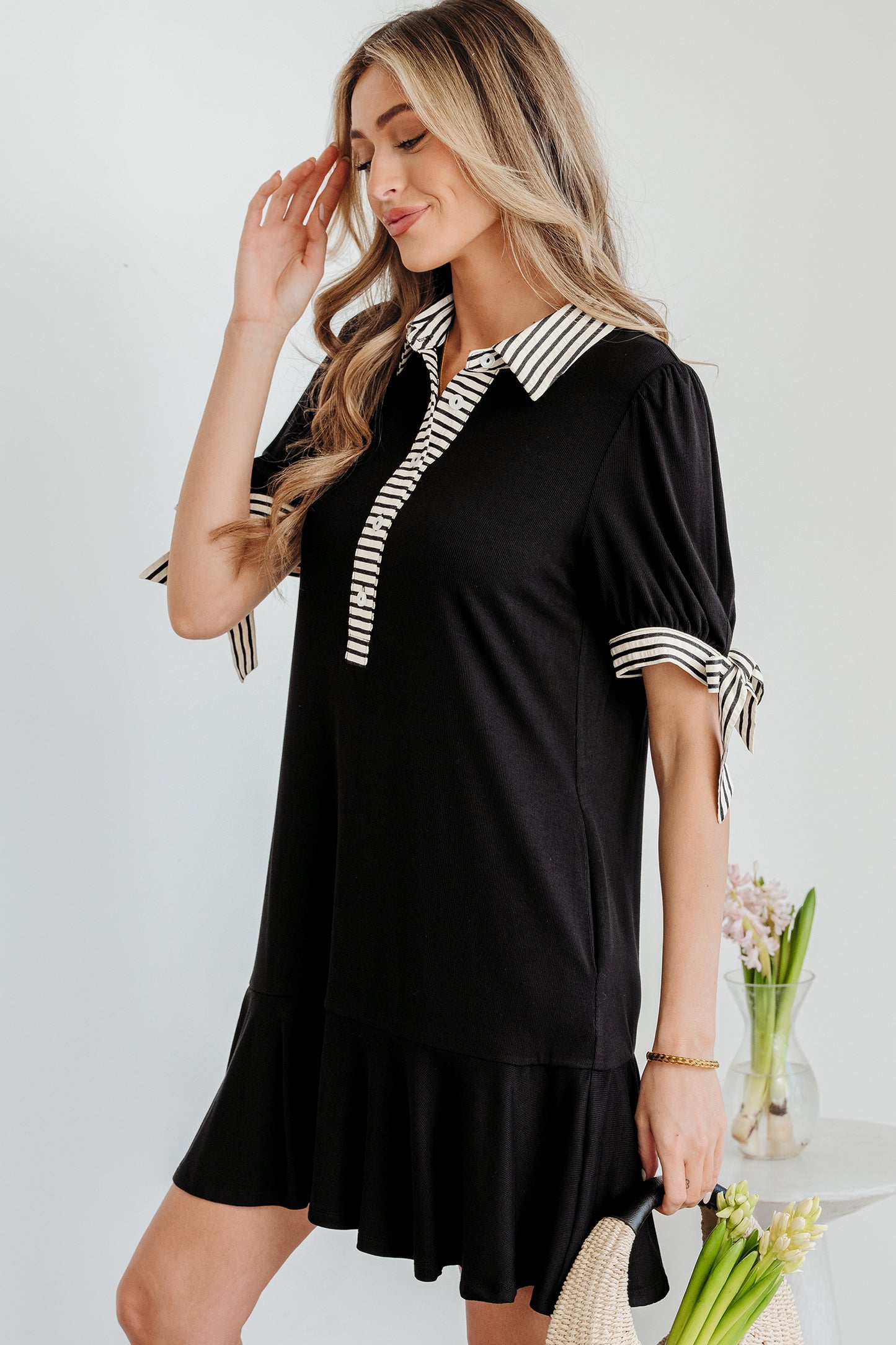 Black Stripe-Trim Polo Mini Dress