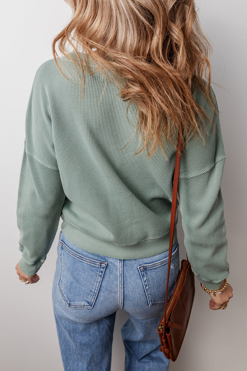 Aqua Waffle-Knit Drop-Shoulder V-Neck Top