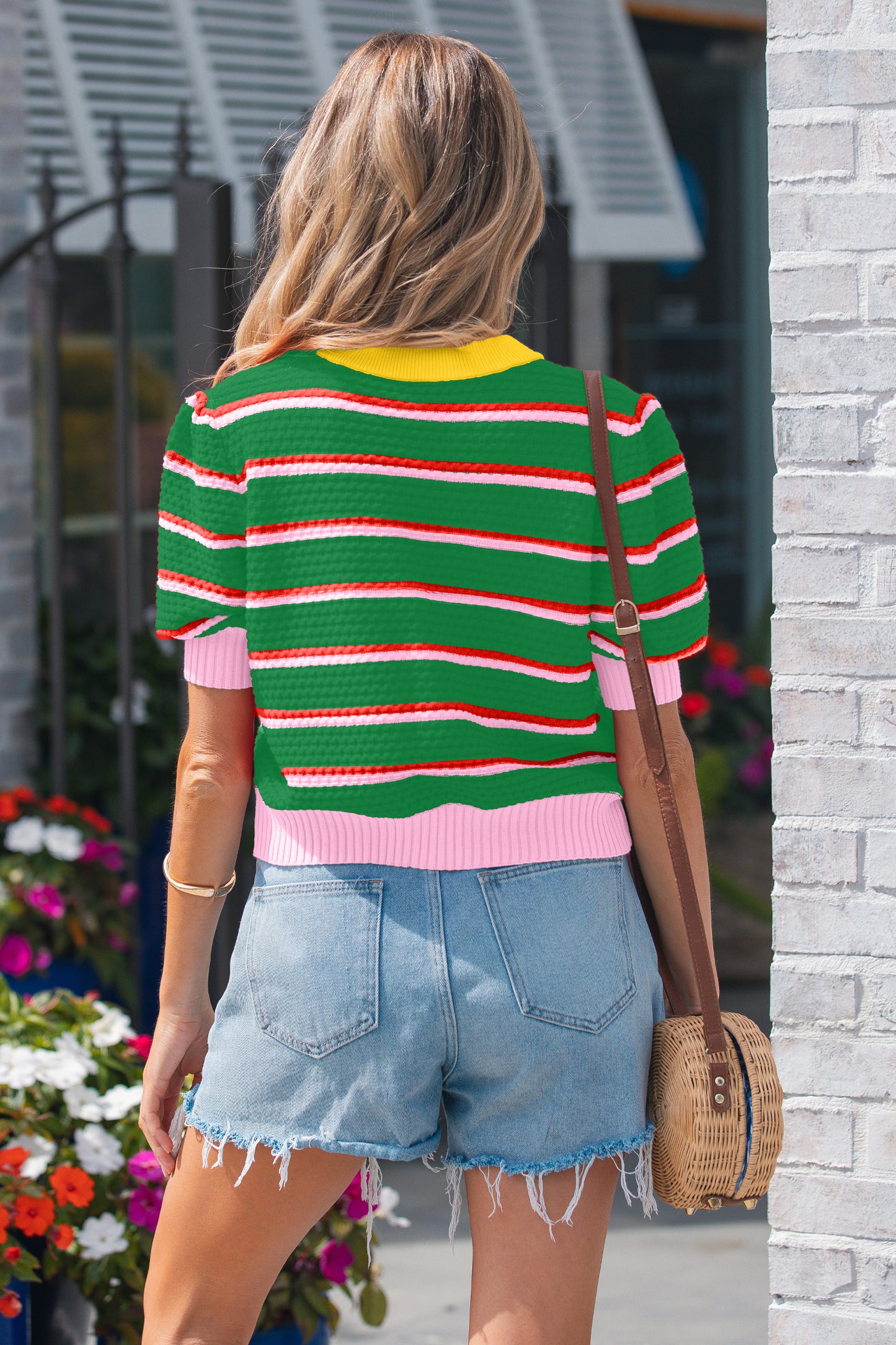 Green Striped Color-Block Short-Sleeve Sweater