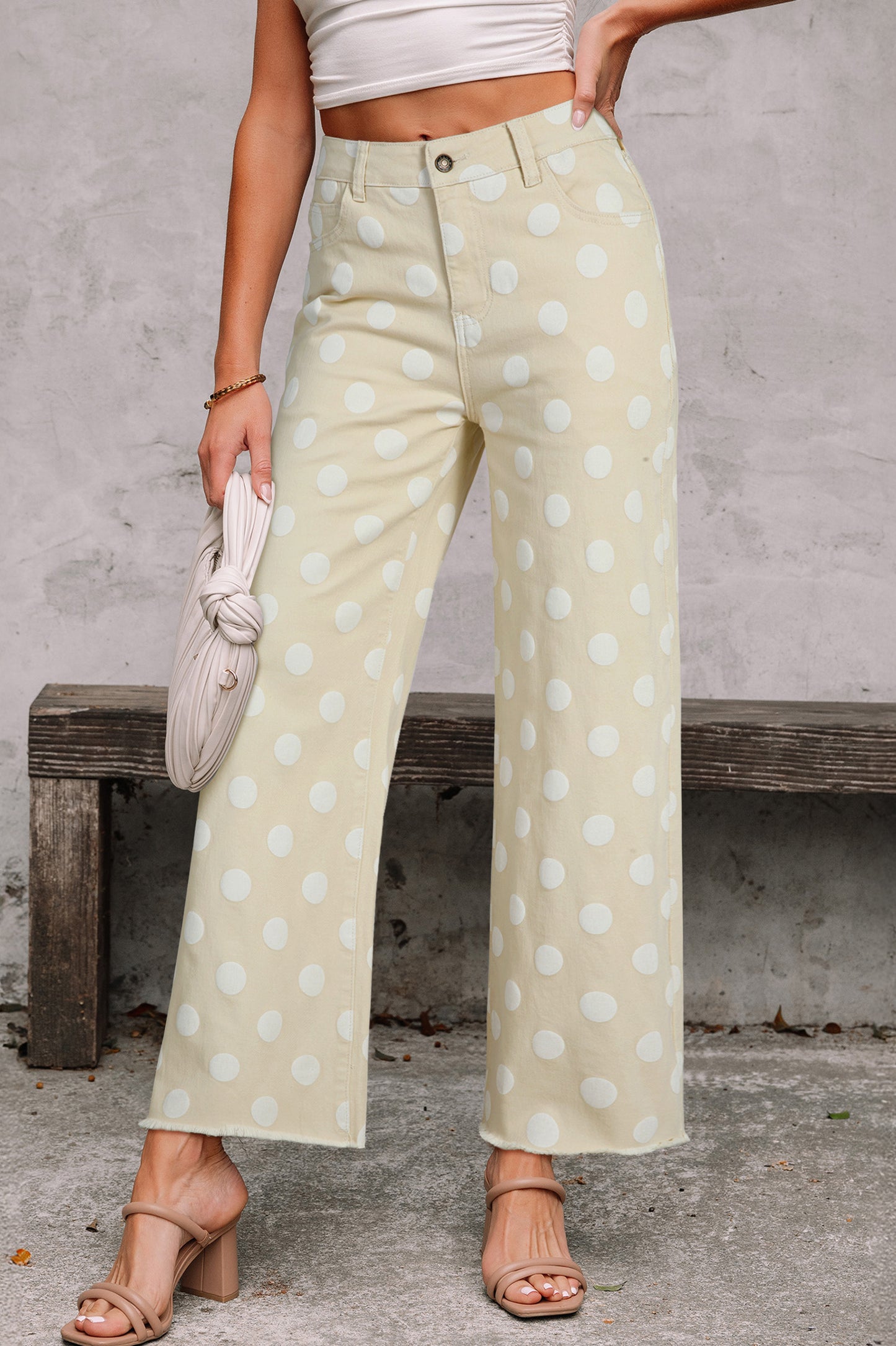 Khaki Polka-Dot Raw-Hem Jeans