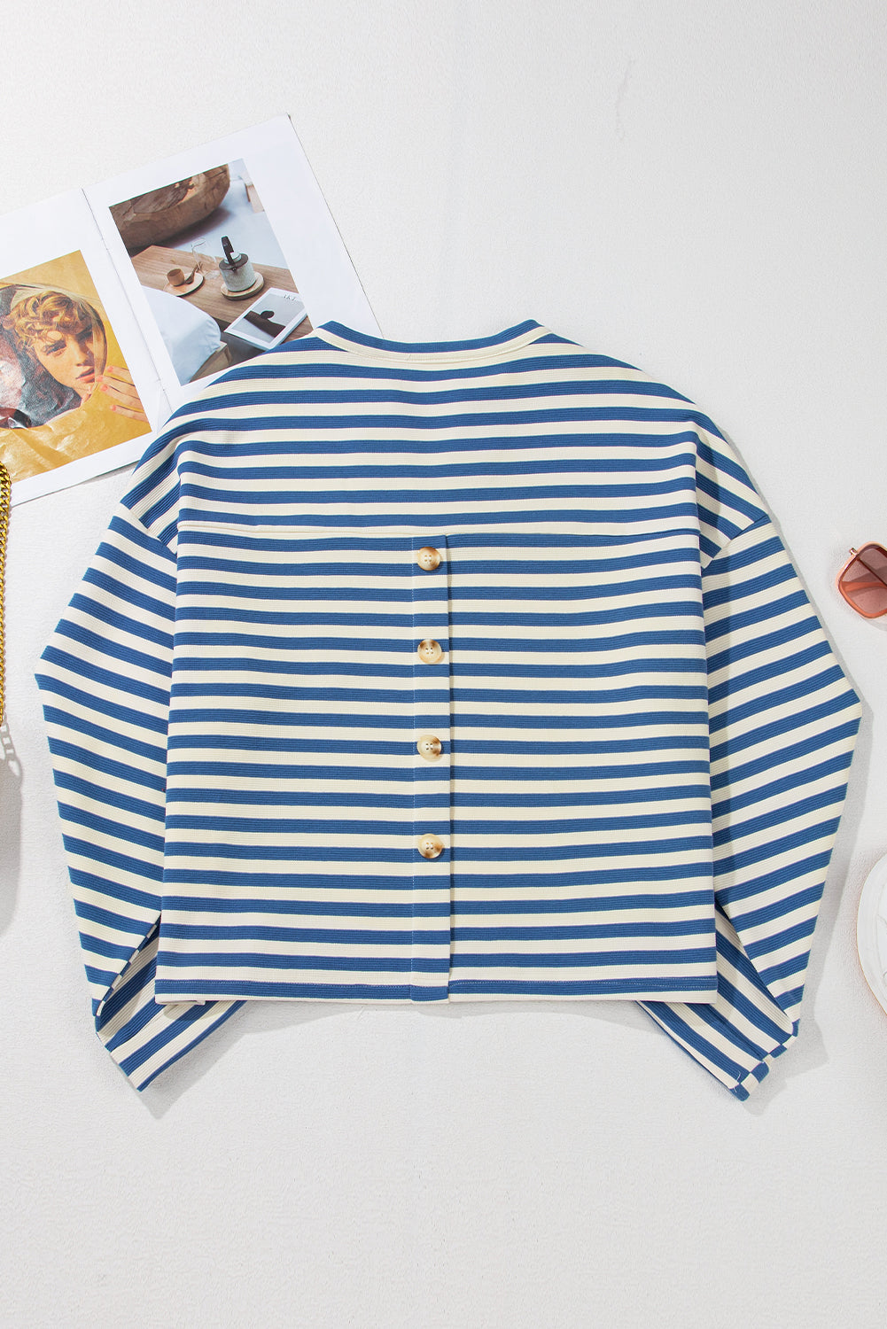 Sky Blue Stripe Back-Button Notch-Neck Top