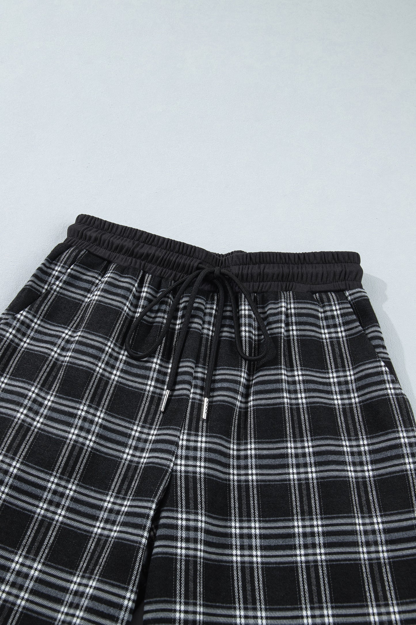 Black Frenchy Plaid Pattern Contrast Drawstring Waist Wide-Leg Pants