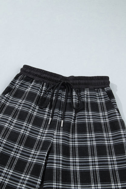 Black Frenchy Plaid Pattern Contrast Drawstring Waist Wide-Leg Pants