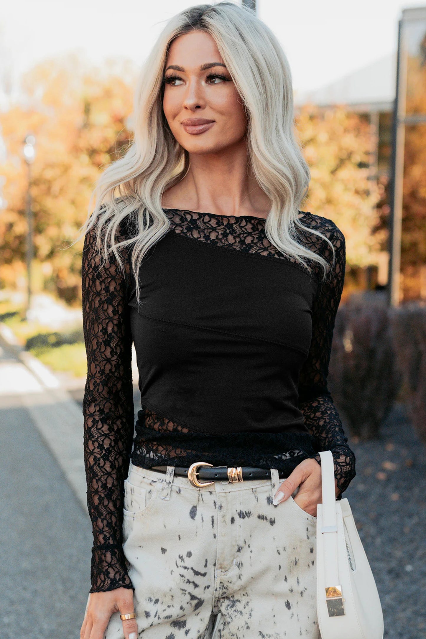 Black Asymmetric Floral Lace Long-Sleeve Top