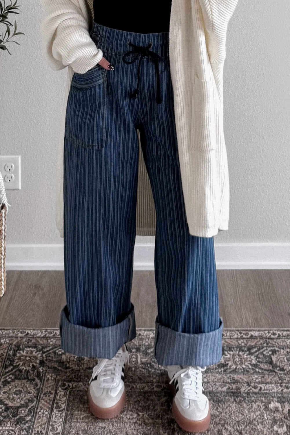 Blue Stripe Drawstring Wide-Leg Jeans