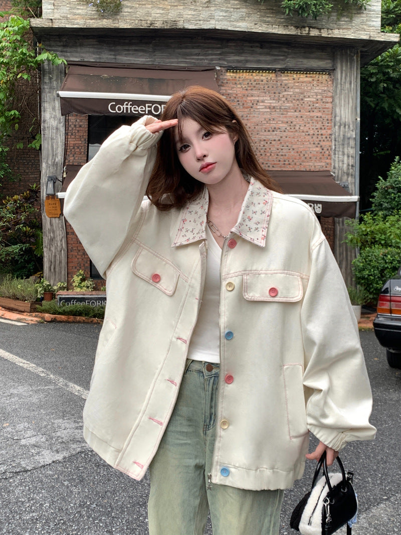 Collared Color-Block Mid-Length Jacket