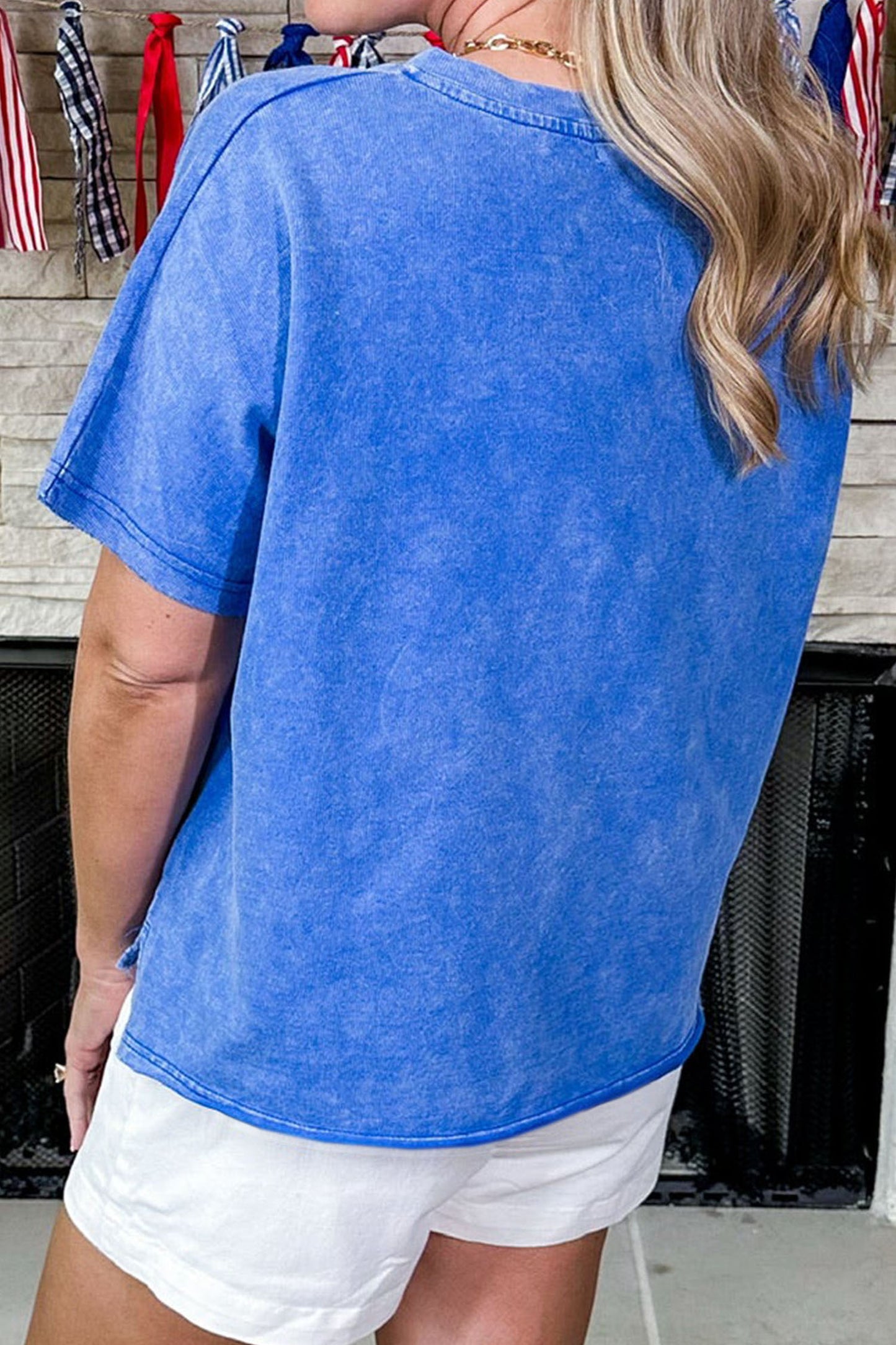 White Patriot Star Patched Notched Neck Mineral Washed Tee