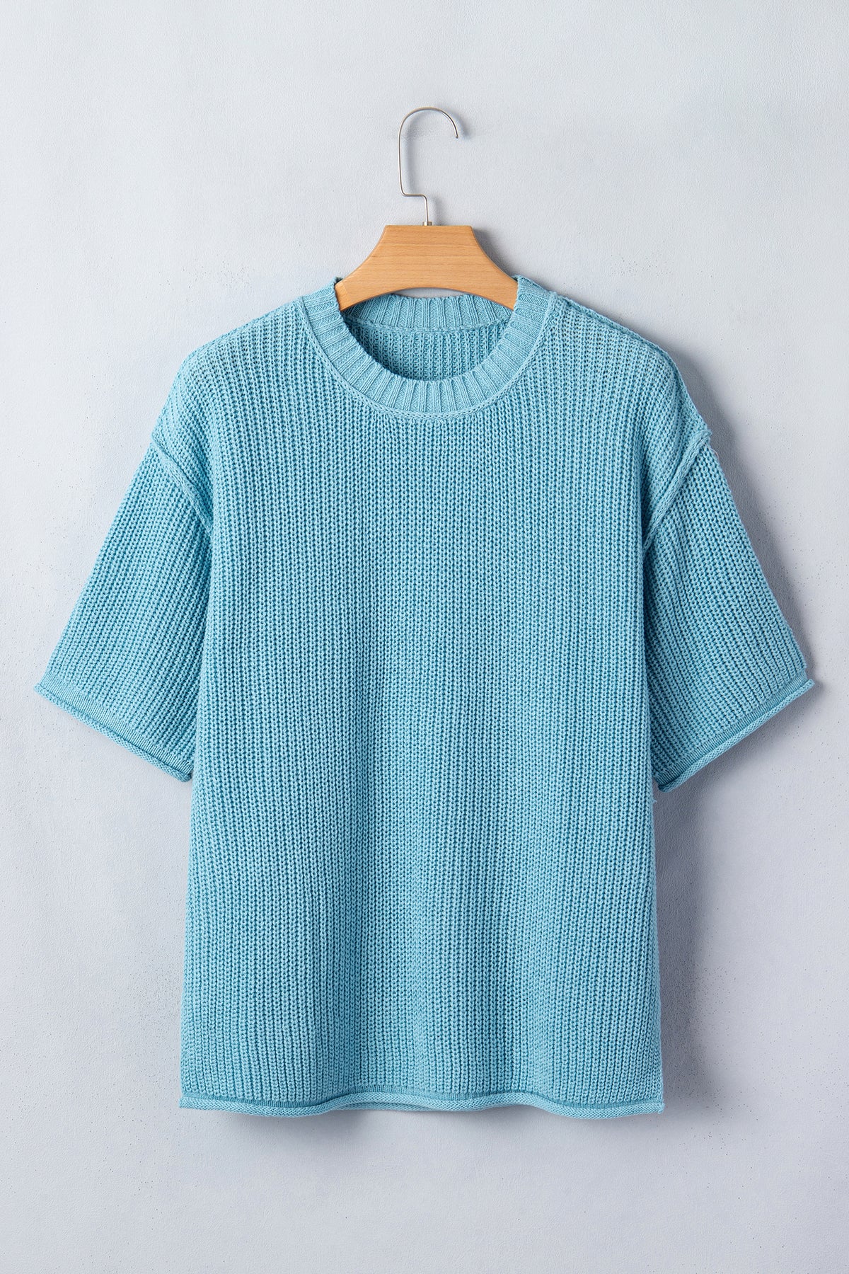 Mist Blue Exposed Seam Detail Half-Sleeve Loose Sweater