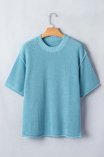 Mist Blue Exposed Seam Detail Half-Sleeve Loose Sweater