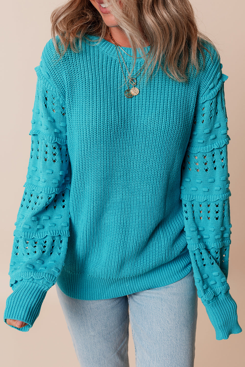 Turquoise Ruffle Eyelet Bubble-Sleeve Sweater