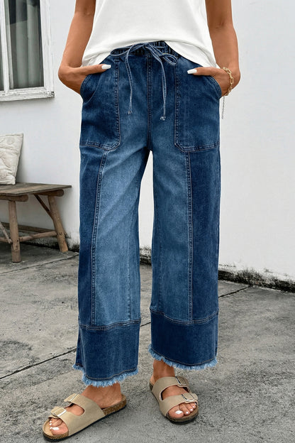 Prussian Blue Drawstring Seam Detail Raw Hem Wide-Leg Denim Pants