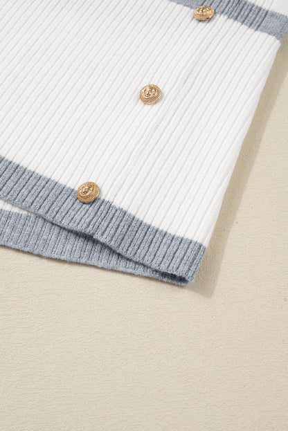 Gray Striped Button-Detail Tunic Sweater