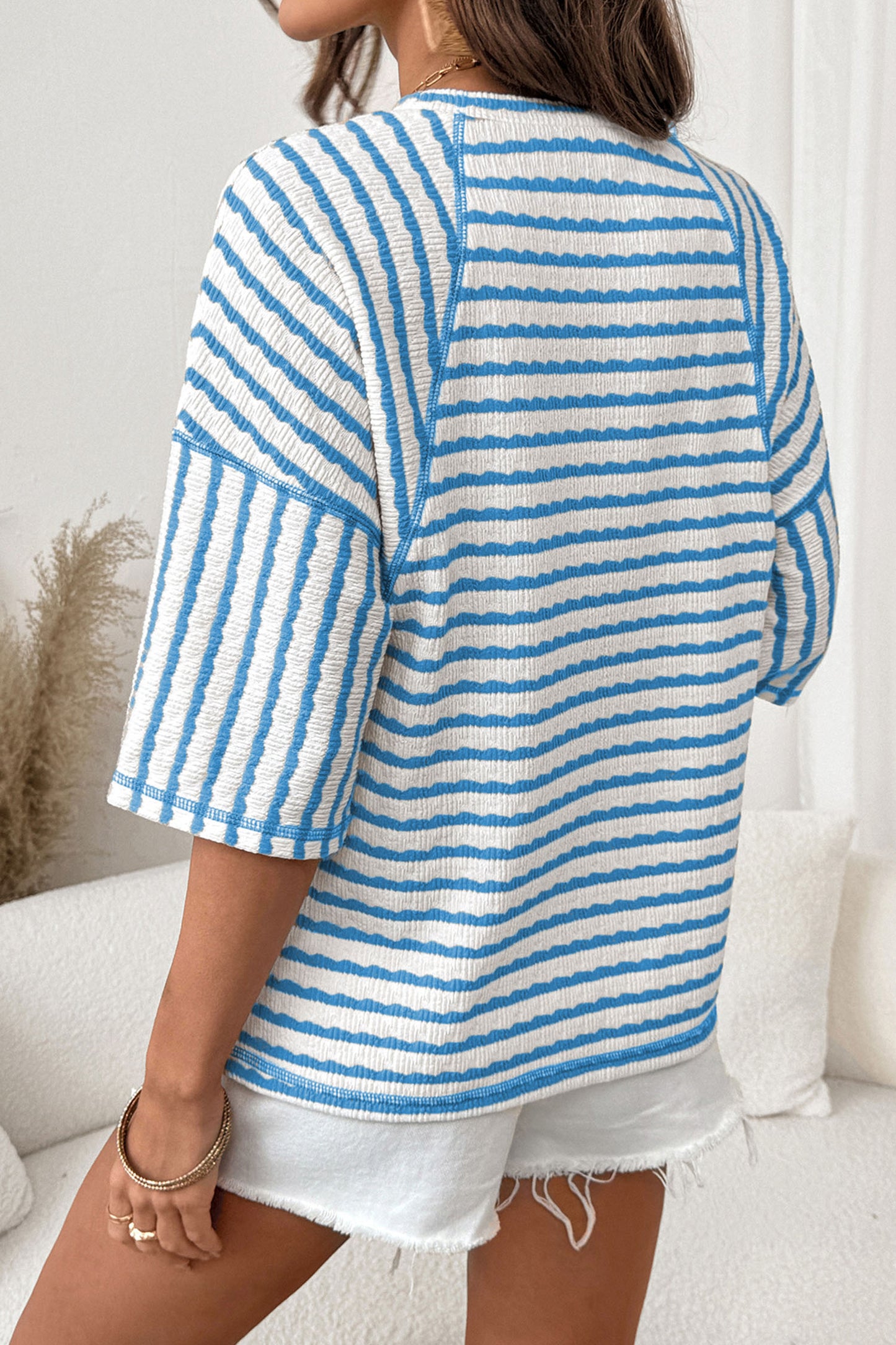 Pink Stripe Textured Knit Split Hem Half-Sleeve Loose Top
