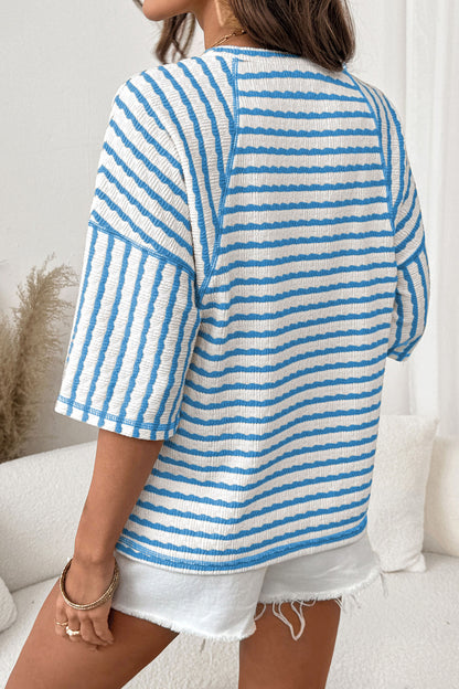 Pink Stripe Textured Knit Split Hem Half-Sleeve Loose Top