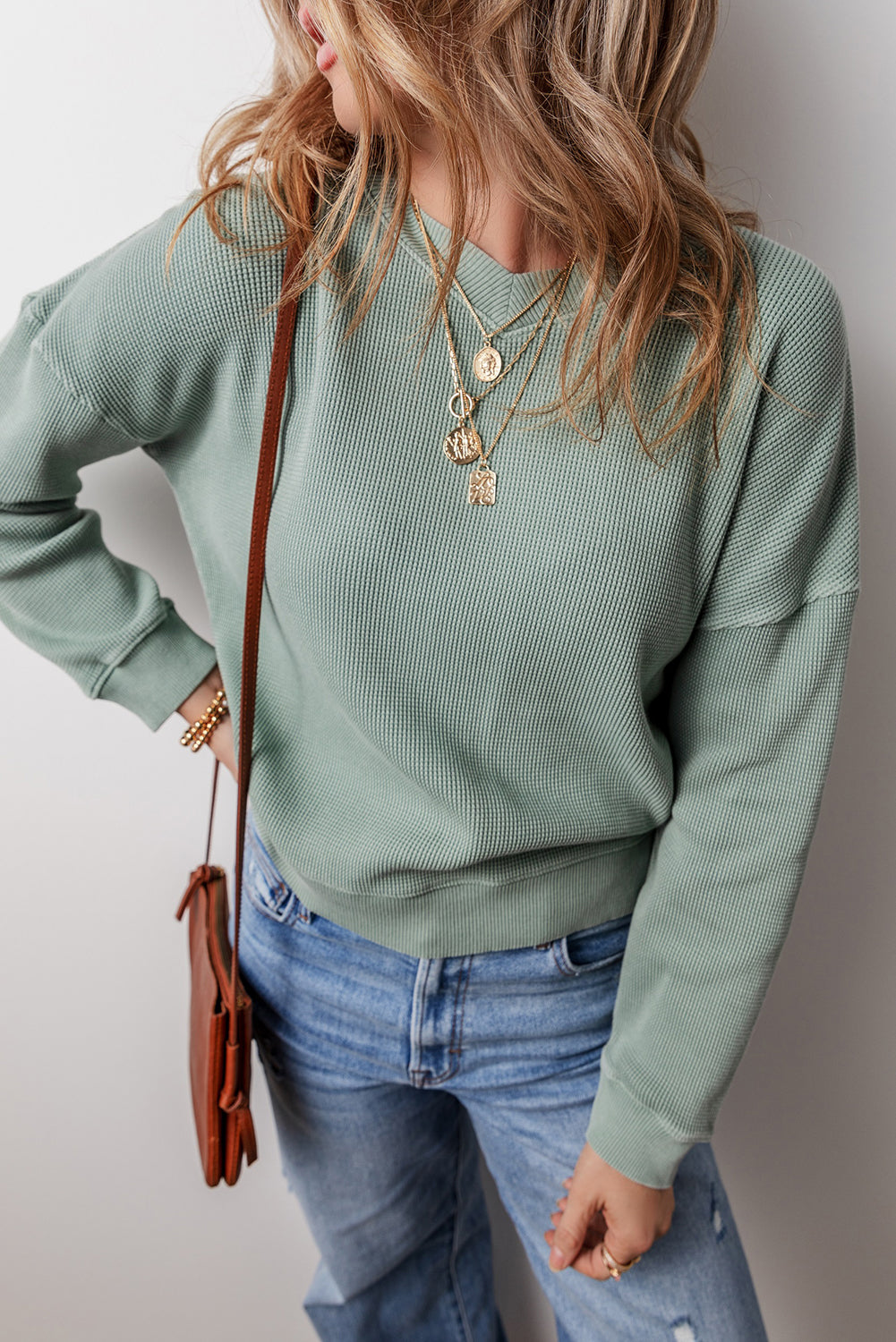 Aqua Waffle-Knit Drop-Shoulder V-Neck Top