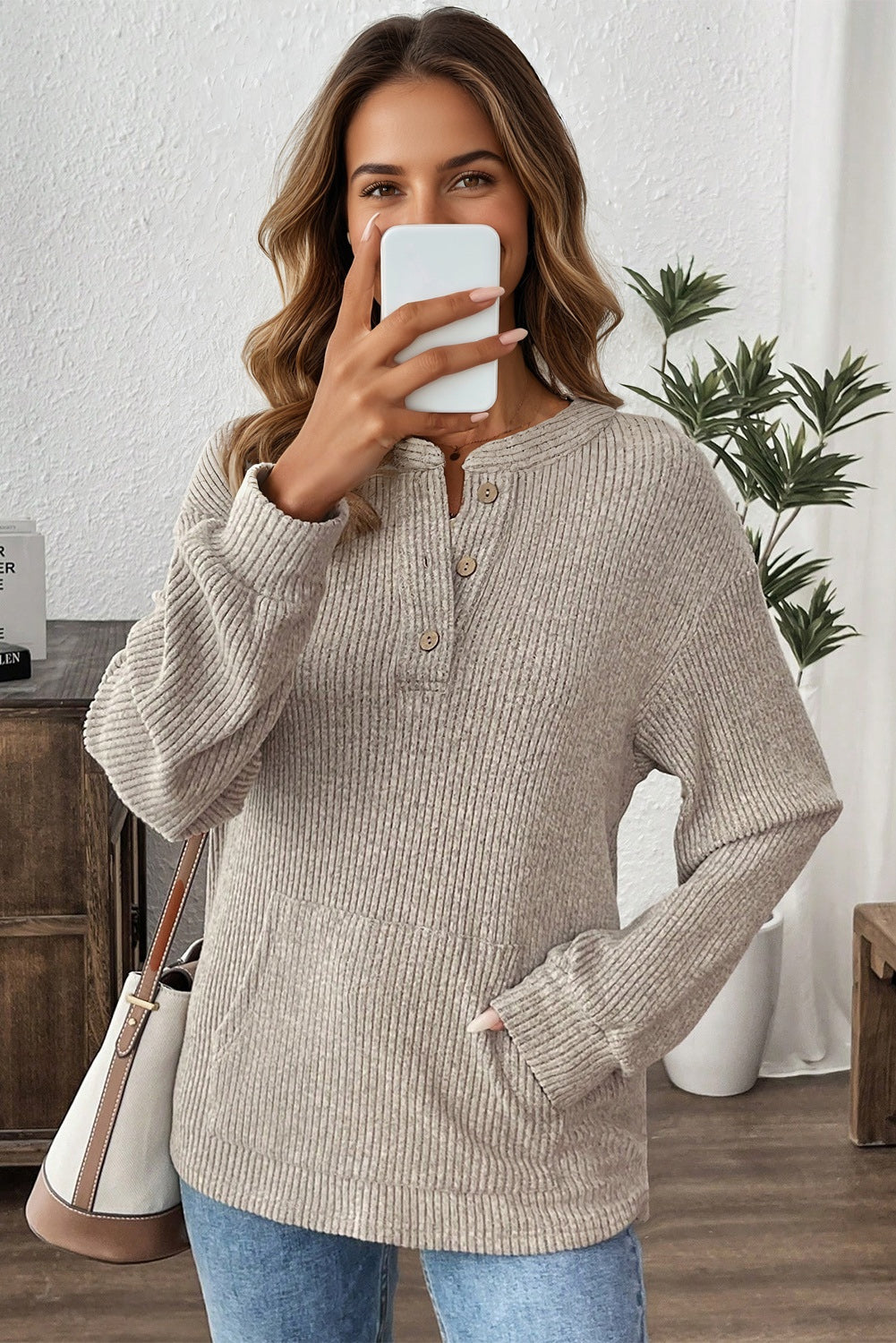 Clearly Aqua Ribbed Henley Knit Top