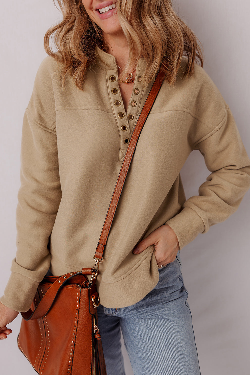 Light Beige Grommet V-Neck Sweatshirt
