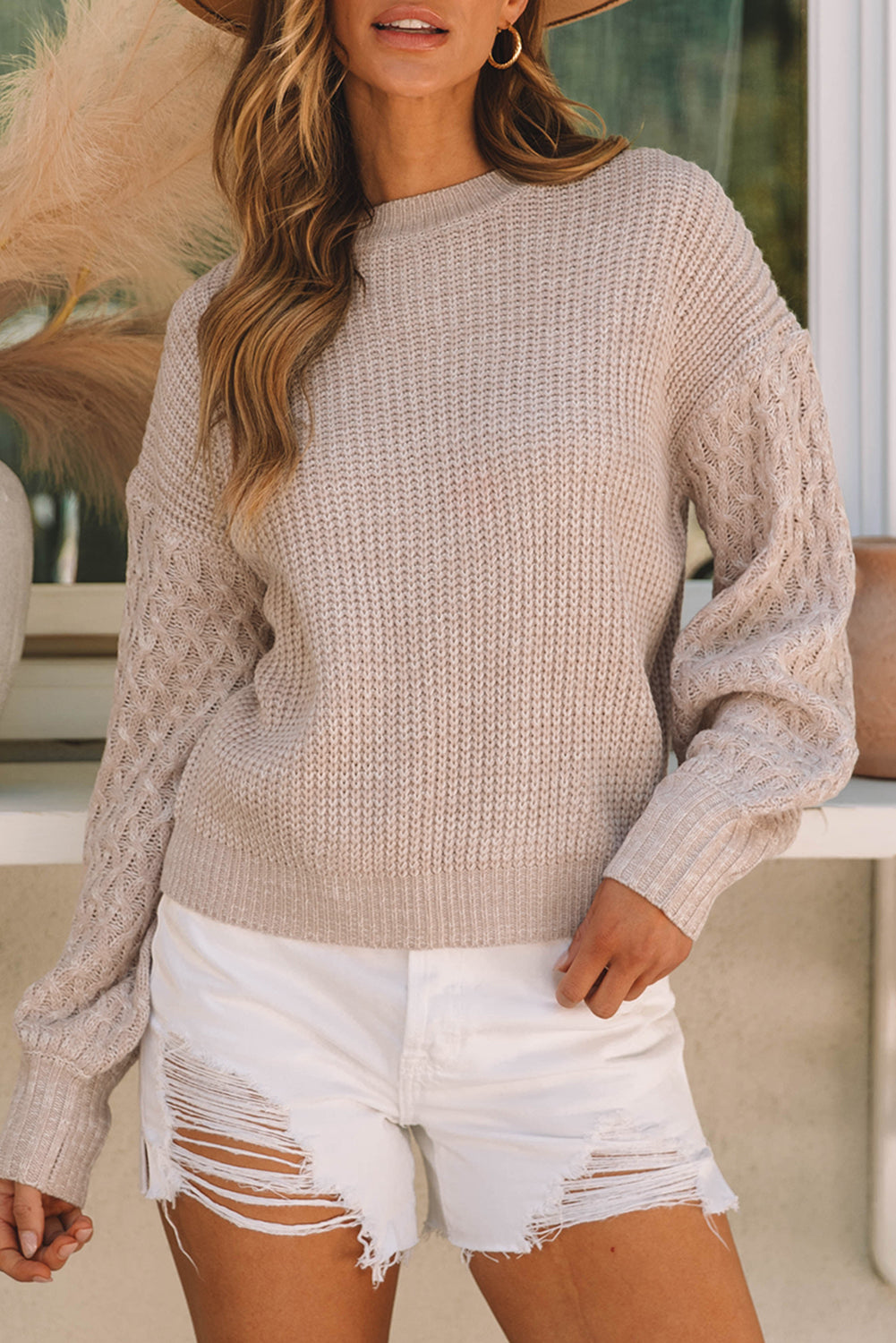Parchment Cable-Sleeve Drop-Shoulder Sweater
