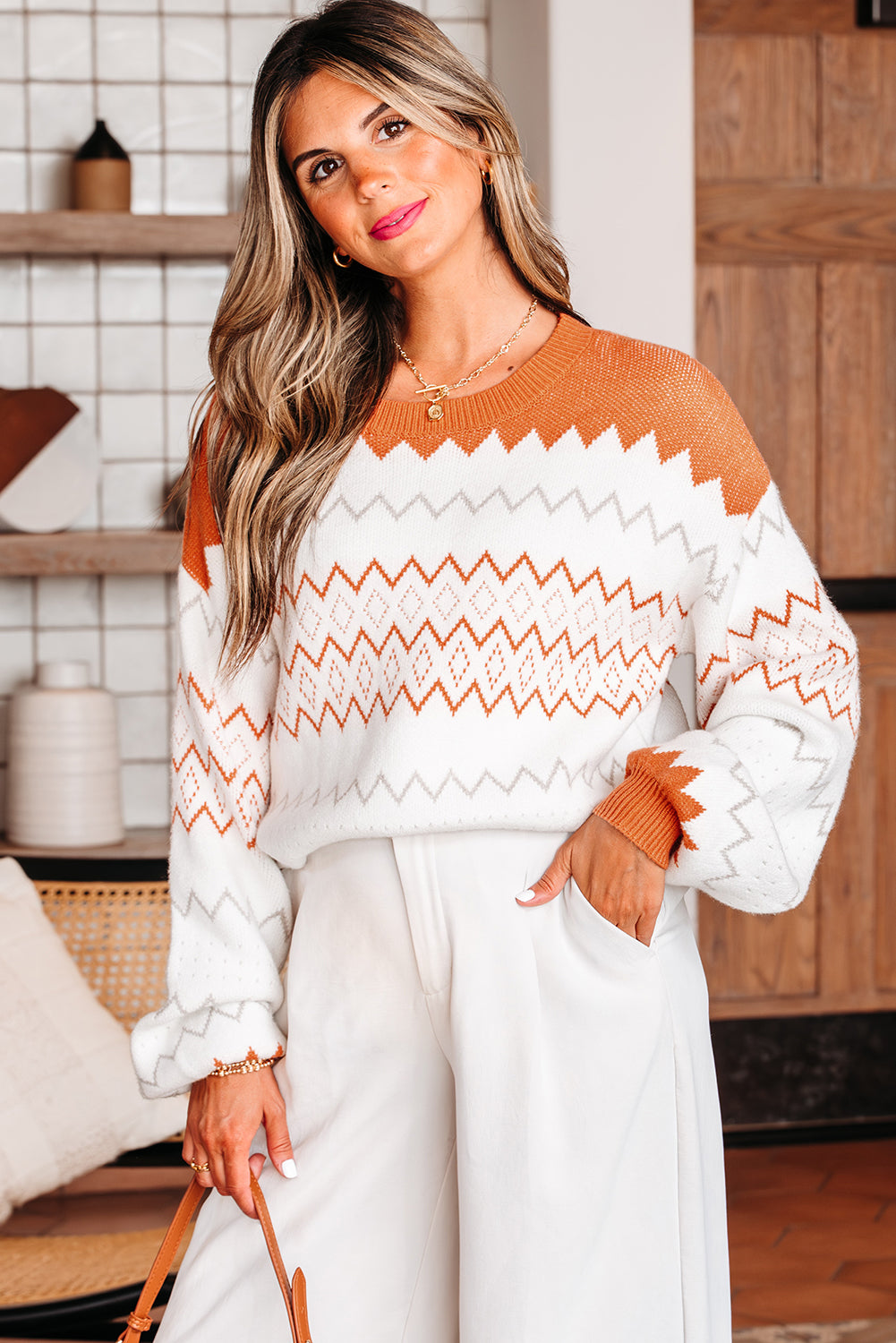 Khaki Zigzag Geometric Sweater