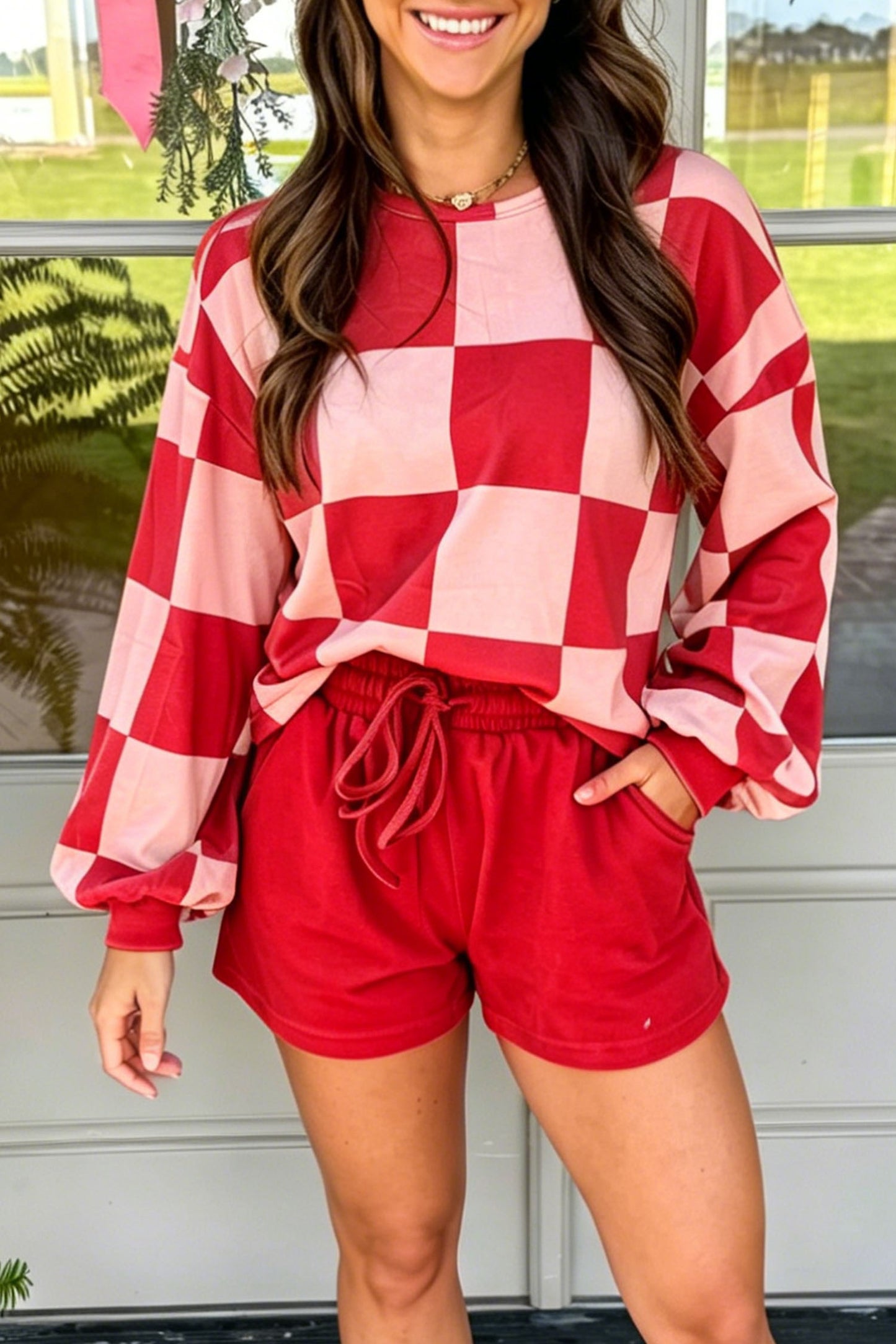 Khaki Checkerboard Plaid Long-Sleeve Solid Shorts Two-Piece Set