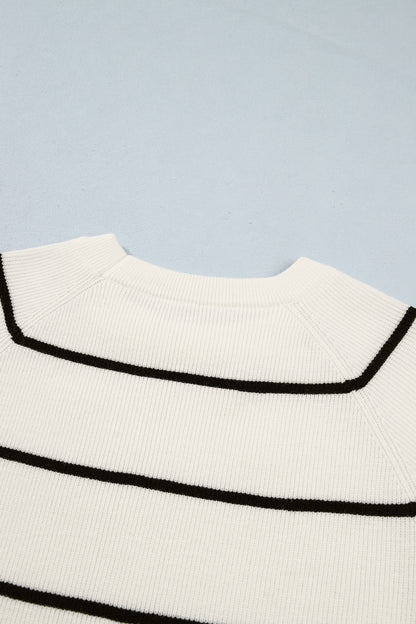 White Stripe Ribbed Short-Sleeve Knit Top