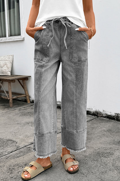 Prussian Blue Drawstring Seam Detail Raw Hem Wide-Leg Denim Pants