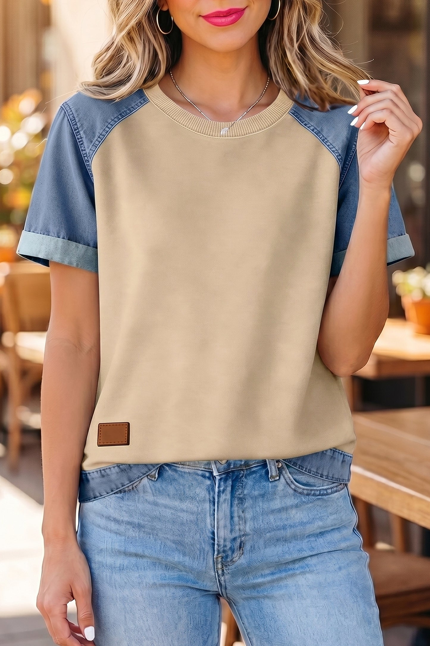 Parchment Denim Color Block Patchwork Round-Neck Tee
