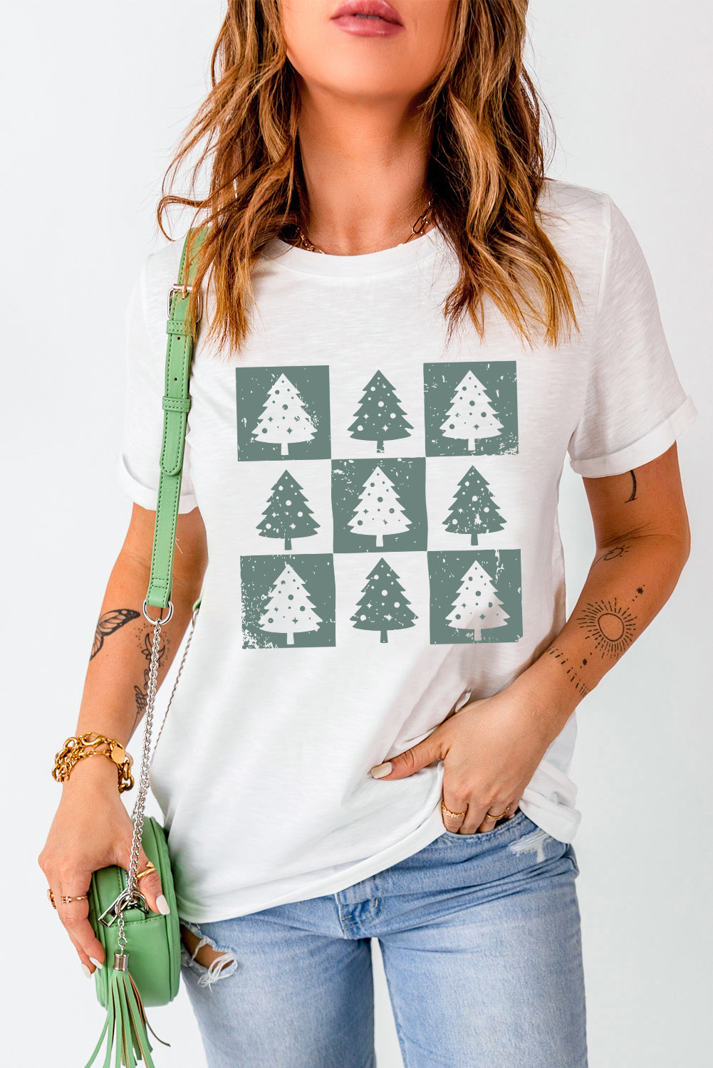 White Christmas Tree Checkerboard Graphic Tee