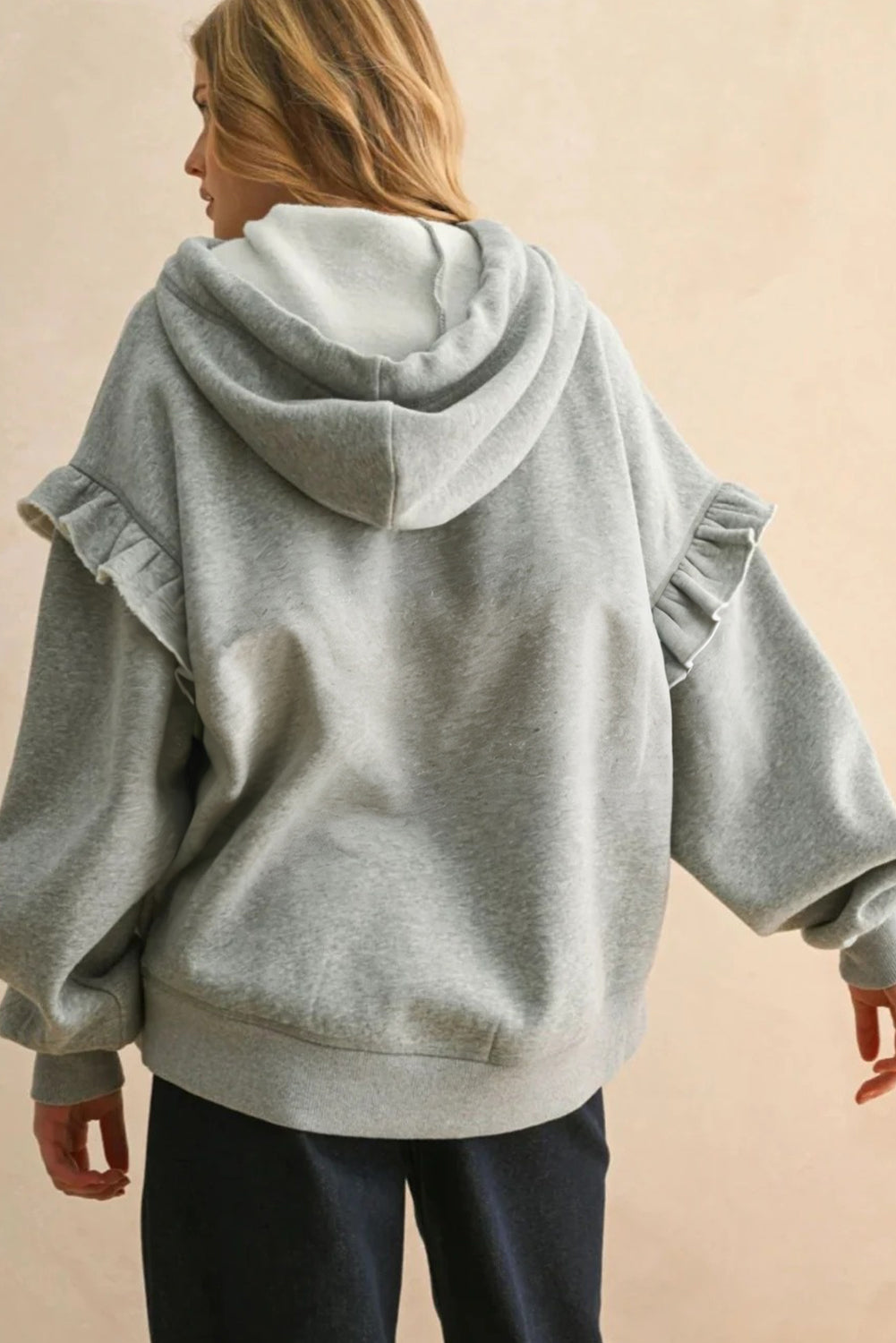 Gray Ruffle-Sleeve Oversized Hoodie