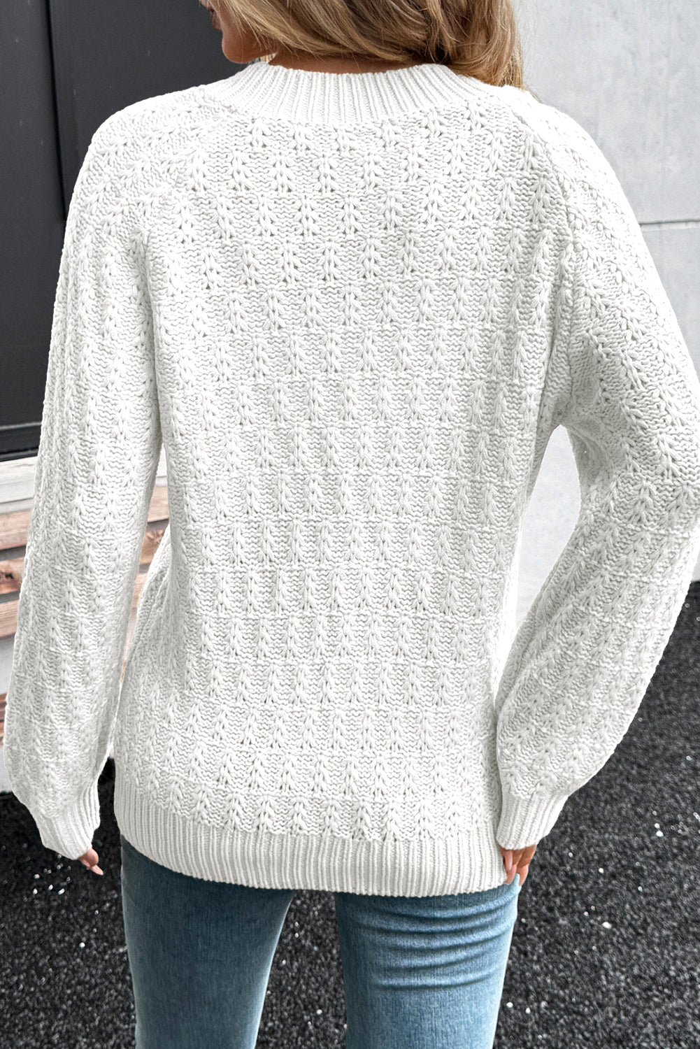 White Textured V-Neck Relaxed Sweater