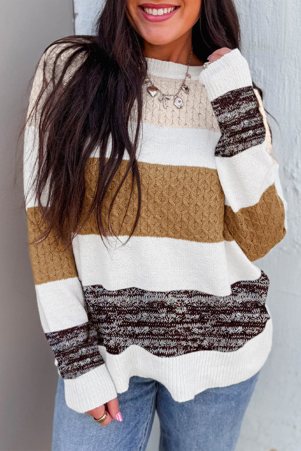 Green Mixed-Knit Color-Block Sweater