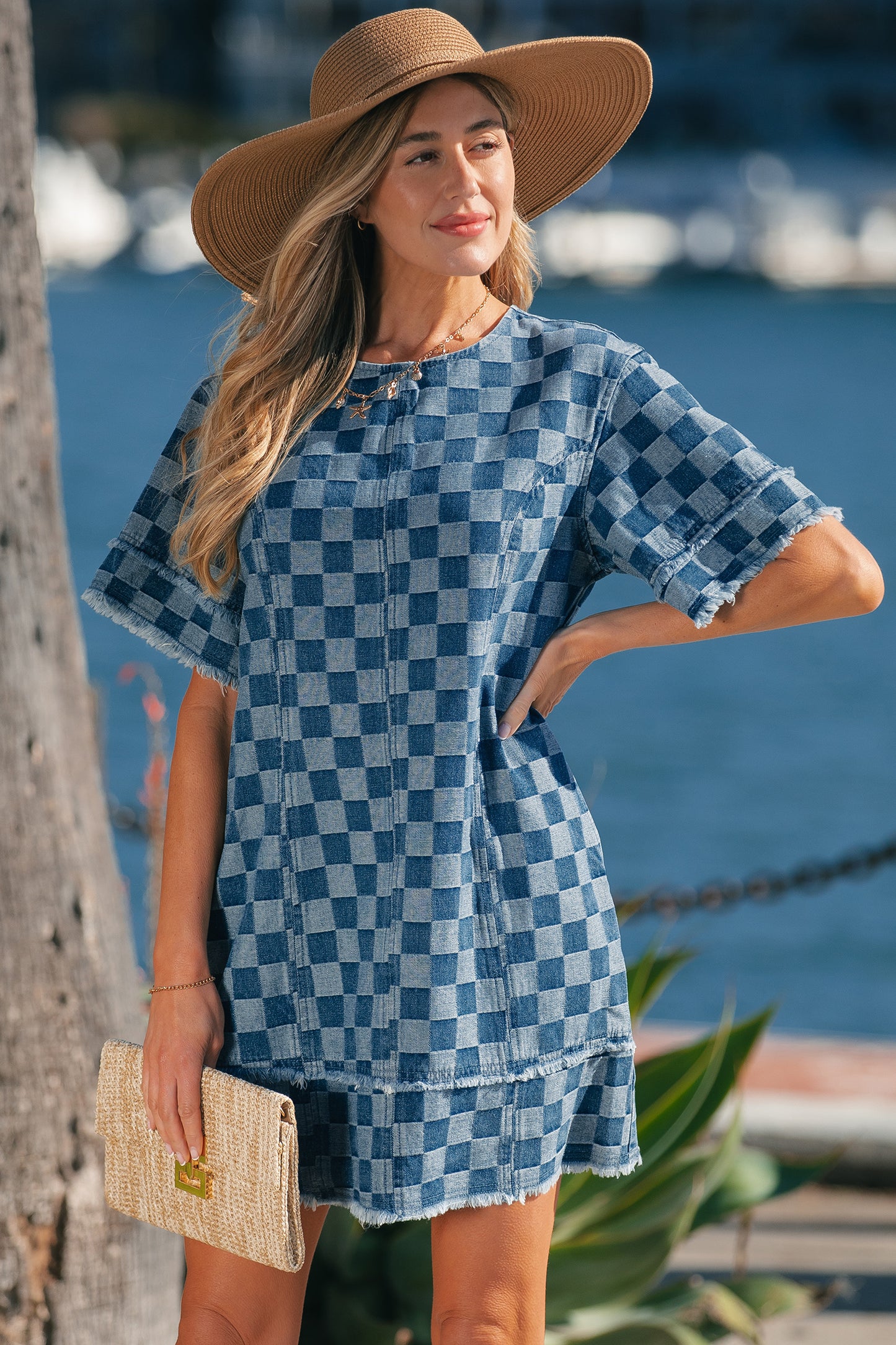 Sky Blue Checkerboard Denim Mini Dress