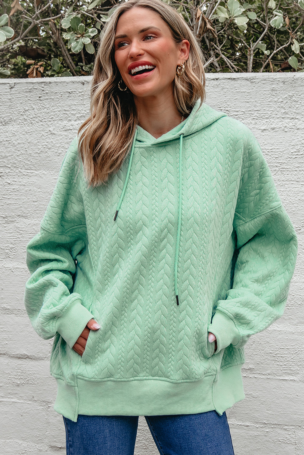 Moonlight Jade Cable-Texture Oversized Hoodie