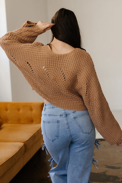 Camel Open-Knit Wide-Sleeve Sweater