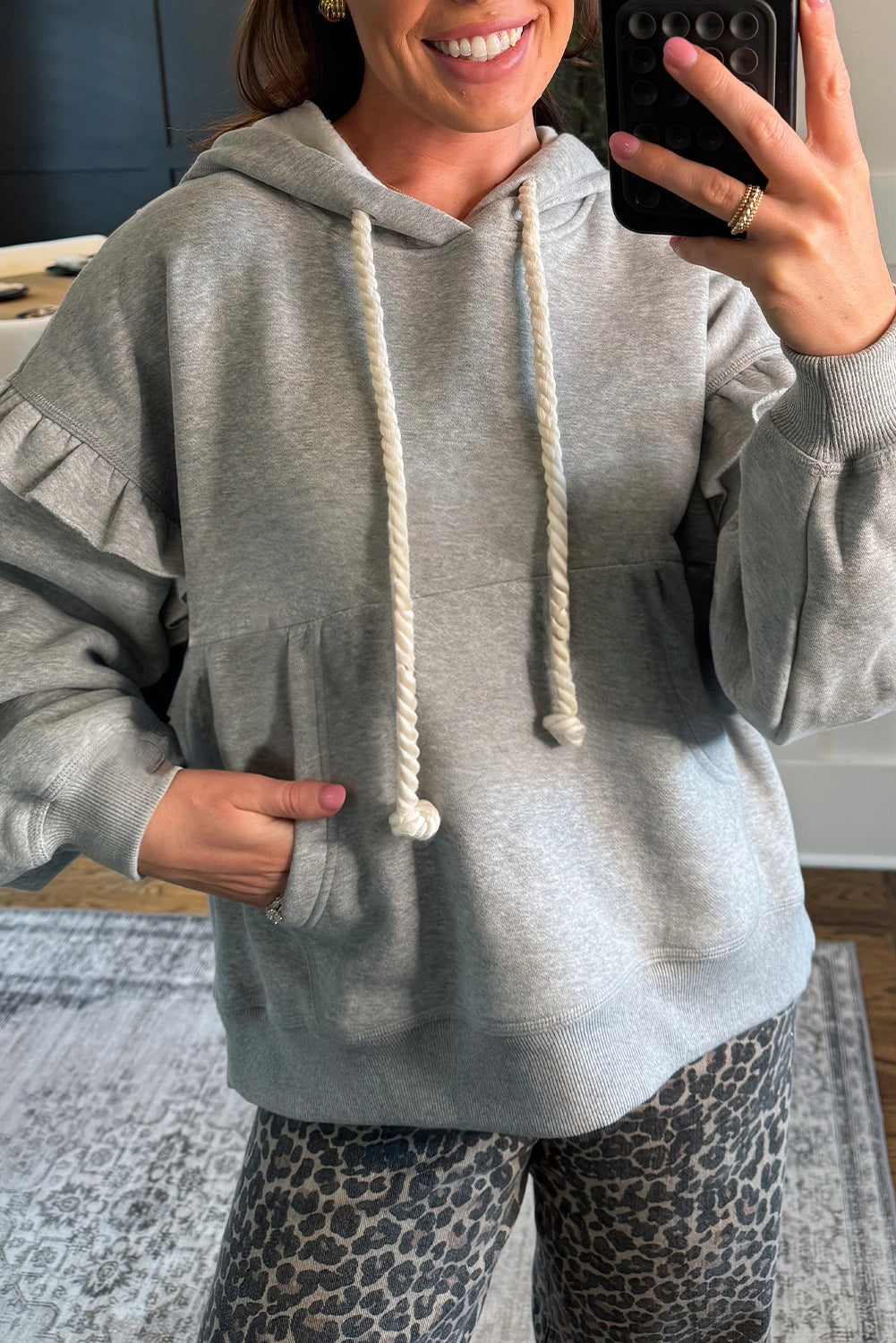 Gray Ruffle-Sleeve Oversized Hoodie