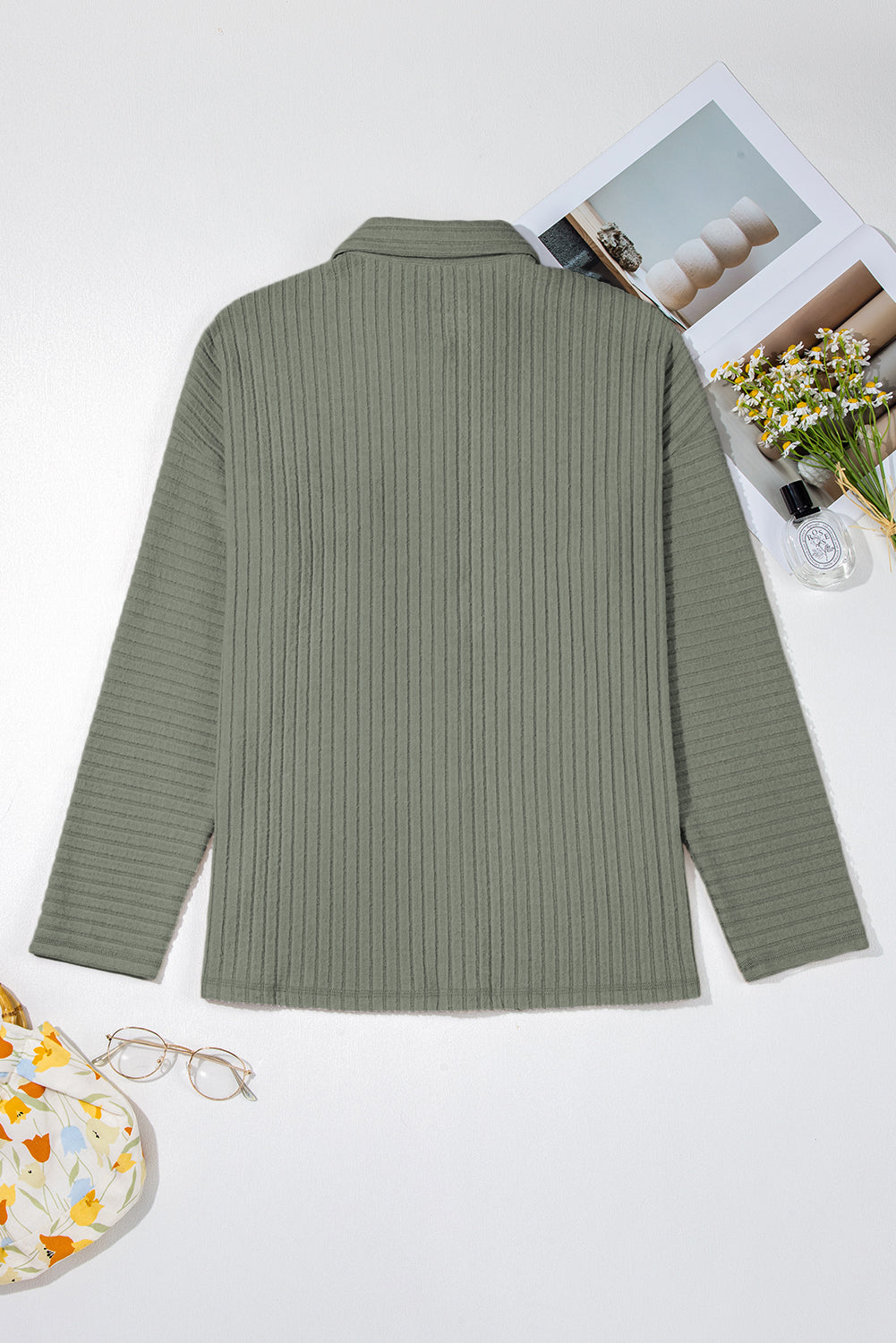 Mist Green Ribbed Button-Up Shacket