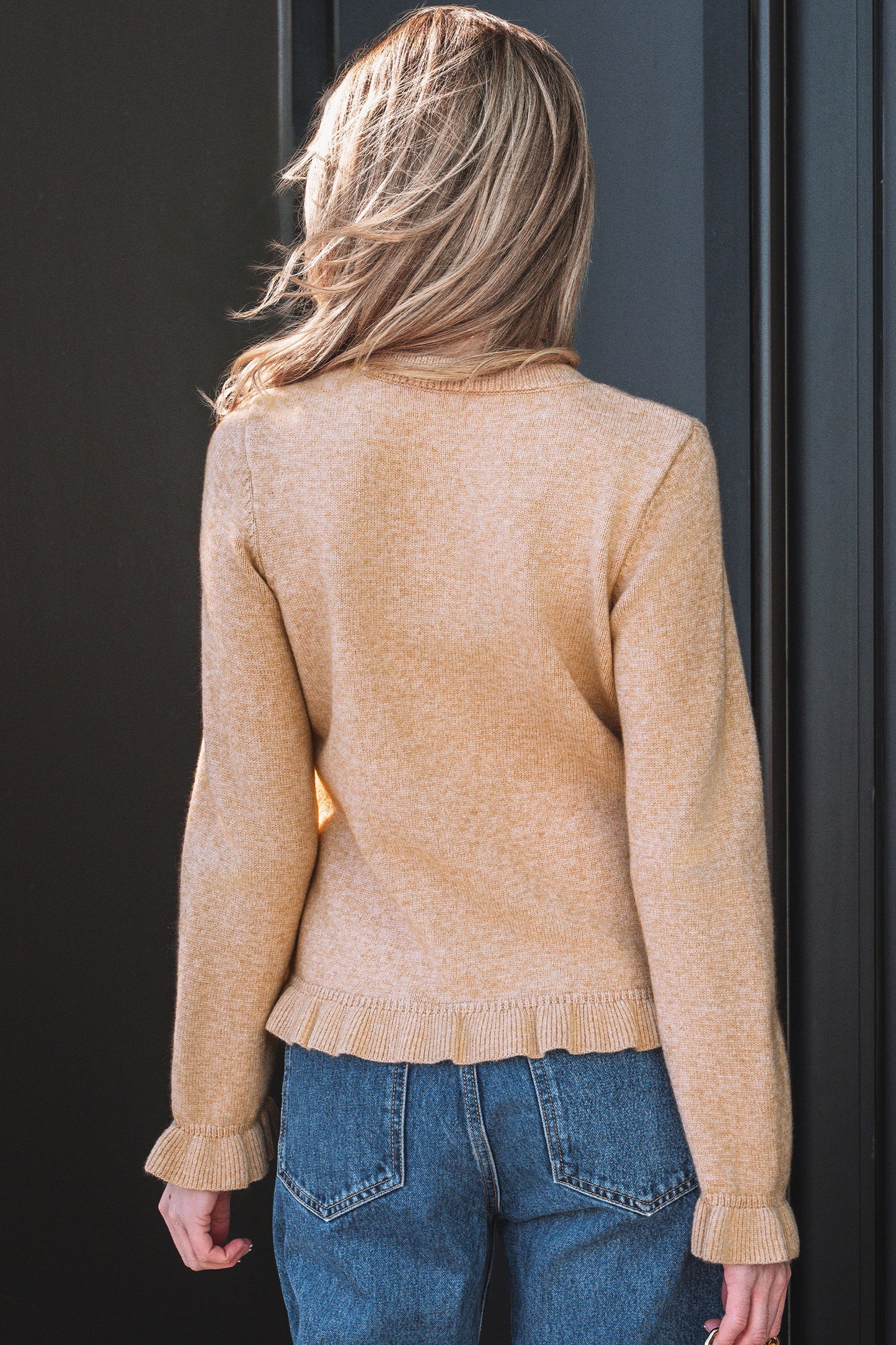 Oatmeal Ruffle-Trim Button Cardigan
