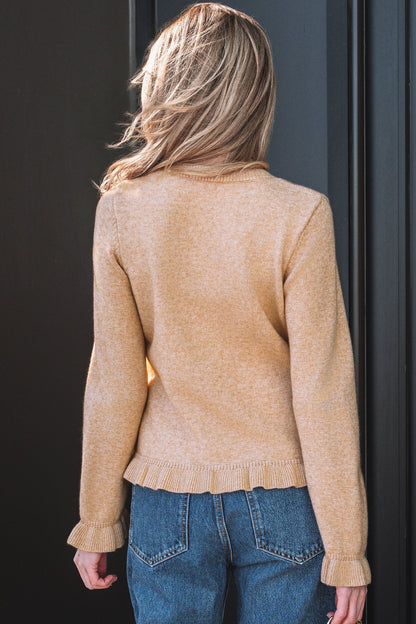 Oatmeal Ruffle-Trim Button Cardigan