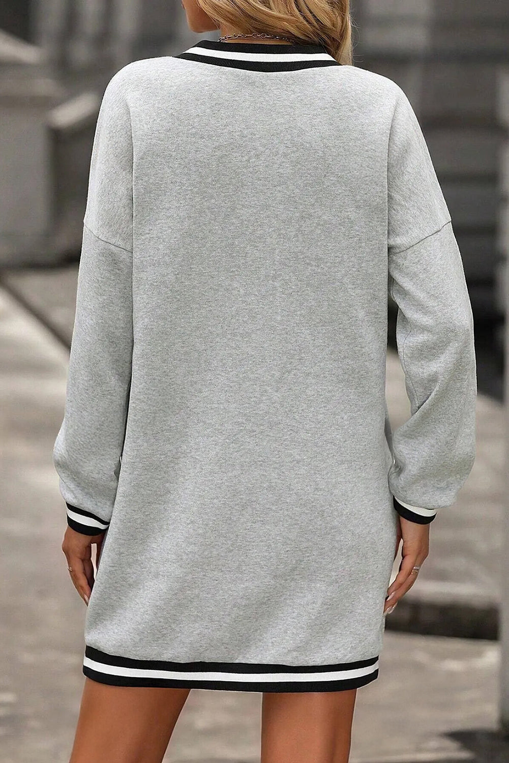 Light Grey Striped Trim V-Neck Long-Sleeve Preppy T-Shirt Dress