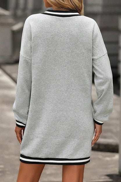 Light Grey Striped Trim V-Neck Long-Sleeve Preppy T-Shirt Dress